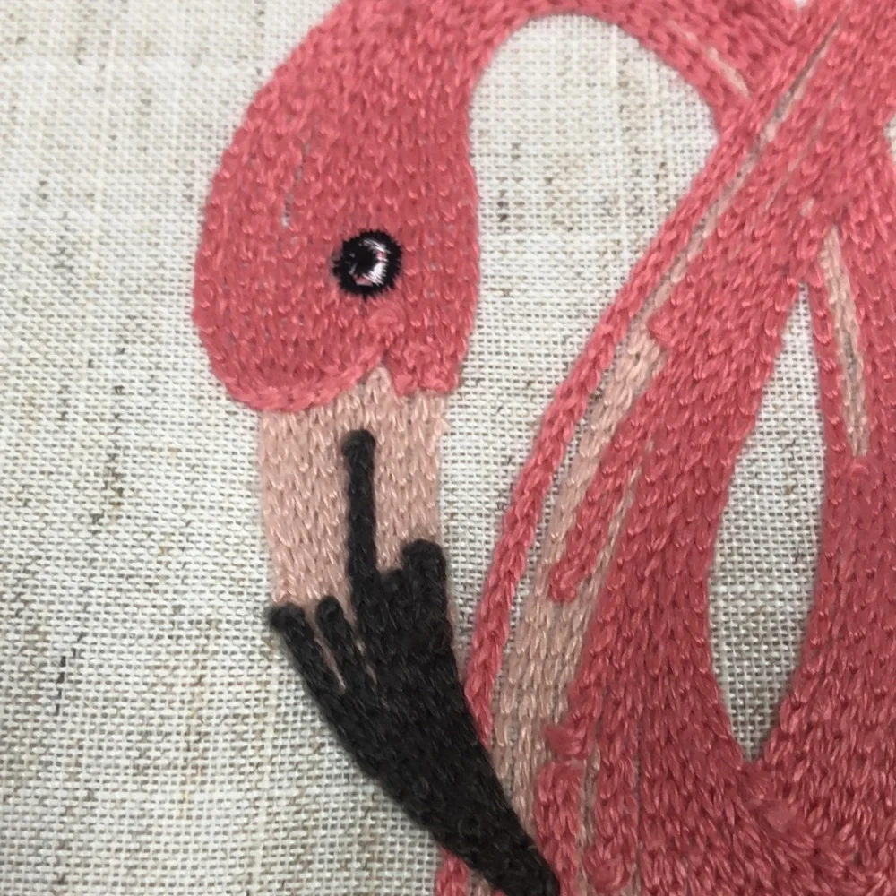 Pink Flamingos Tropical Ferns Beach Embroidered Neutral Linen Table Runner‎ NWT